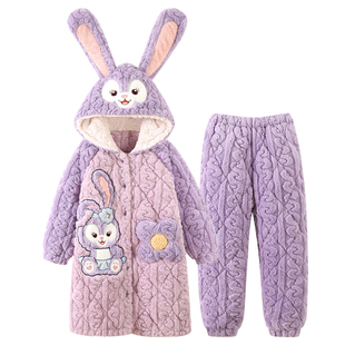 睡袍女款冬季三层夹棉加绒加厚珊瑚绒女童保暖睡衣女孩中长款套装