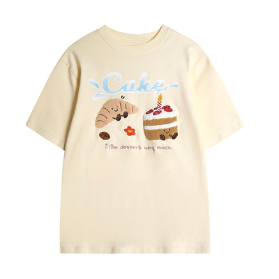 CCKOK 渐变字母毛巾绣蛋糕宽松T恤2025夏季新款减龄港风短袖女