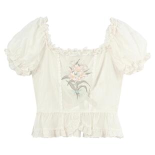 森女部落原创法式重工刺绣衬衫泡泡袖上衣显瘦短款蕾丝花边衬衫女