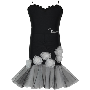 薇妮新款训练服拉丁舞上衣女童花裙子套装国标舞高端吊带练功服