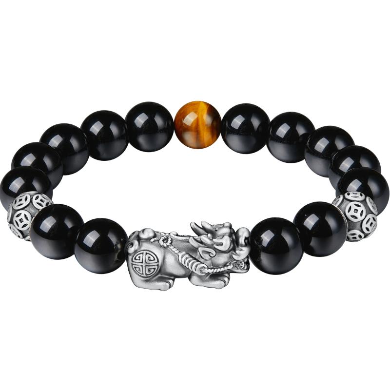 中国黄金珍尚银貔貅黑曜石手串男999足银手链圣诞生日礼物送男友