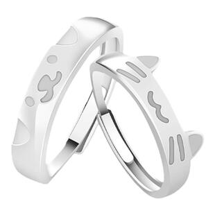 VIVIWELL【萌宠叠叠乐】夜光小猫小狗情侣对戒可爱纯银闺蜜戒指