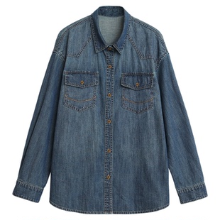 CV大码女装秋新款复古蓝色双贴袋牛仔衬衫做旧水洗长袖衬衣胖妹mm