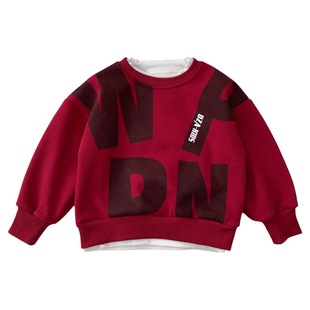 男童红色卫衣秋冬装儿童韩版字母加绒上衣酷帅中小童假两件套头衫