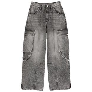 SANDRO Outlets秋冬女装法式复古丹宁淡灰色水洗做旧阔腿牛仔裤