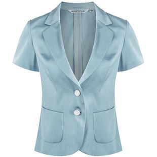名师路夏季新款短款上衣女淡蓝绸缎面料修身百搭OL短外套