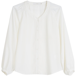 Lavinia白色衬衫女春季日常通勤风简约v领衬衣灯笼袖宽松上衣