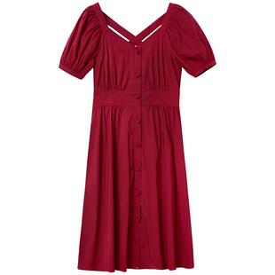 紫涵V领收腰连衣裙夏季新款女腰封A版中长裙森系简约裙子休闲百搭