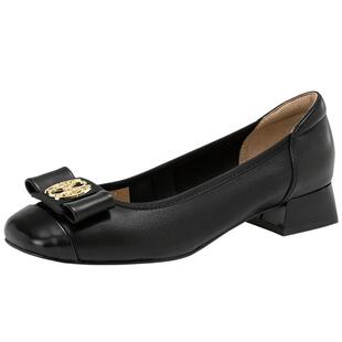 奥康女鞋 春季新款羊皮小香风浅口单鞋粗跟圆头通勤小皮鞋