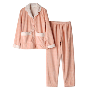 女士复合一体绒 珊瑚绒保暖家居服套装 睡衣睡裤有大码 秋冬款