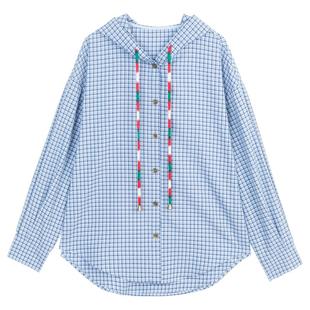 KEIKO 美式复古蓝格子连帽衬衫女26春季设计感印花薄款开衫外套