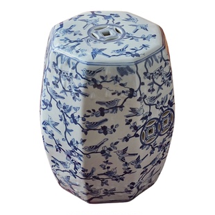 珑衍家居手绘釉下彩青花陶瓷【雀语】八角鼓瓷凳梳妆凳换鞋凳边几