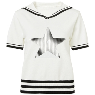 马天奴女装春夏新款撞色海军领针织衫条纹毛衫套头上衣时尚百搭女