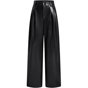 KBNE高级感蛋白薄绒黑色皮裤女2025冬装新款直筒裤宽松阔腿休闲裤