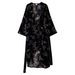 银杏咏I丝侬真丝丝绒睡袍女黑色老钱风睡衣毛毛袖家居服长袍春季