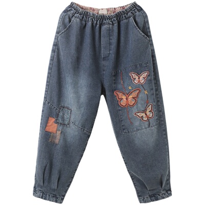 孔雀飞飞2025春秋新款韩版大码刺绣贴布复古休闲女士牛仔哈伦裤