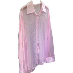 欧货重工烫钻防晒衫女翻领轻薄凉快开衫显瘦衬衫上衣夏季中长款闪