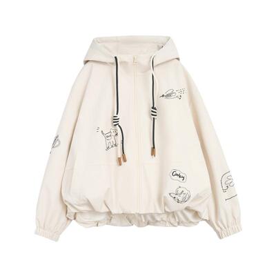 紫涵抽绳连帽短外套女2026春季新款卡通印花米色宽松休闲拉链上衣