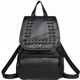 新款学院风拼接铆钉羊皮包双肩包包手提包休闲学生双背潮时尚女包
