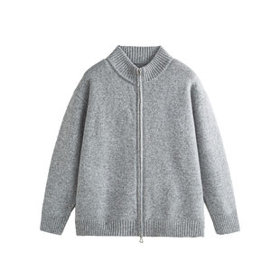 浅灰色立领针织开衫毛衣内搭男生秋冬宽松双拉链慵懒百搭休闲上衣