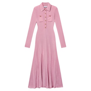 self-portrait 2025秋冬新款粉红色通勤气质修身长袖针织连衣裙