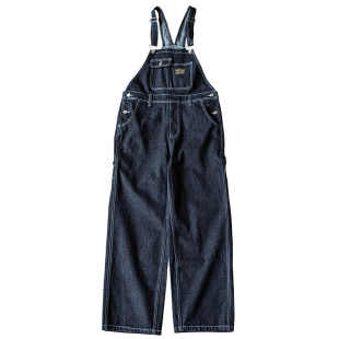 靛海 美式复古丹宁牛仔背带裤 阔腿铁路工装裤阿美咔叽条纹长裤男