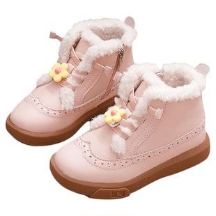 加厚绒真皮女童短靴公主鞋2025冬新款花朵大棉短筒儿童皮靴棉鞋