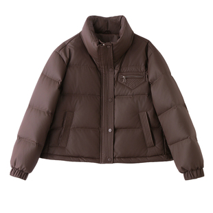 ERAL艾莱依立领短款羽绒服女PU皮加厚保暖白鸭绒面包服洋气外套