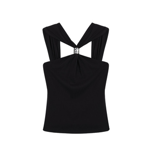 NEVA HU致命邂逅 金属扣挂脖吊带背心女弹力修身气质短款无袖上衣
