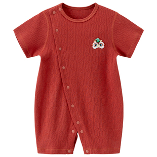 木生棉婴儿夏季薄款短袖连体衣宝宝红色新年服周岁服纯棉哈衣爬服
