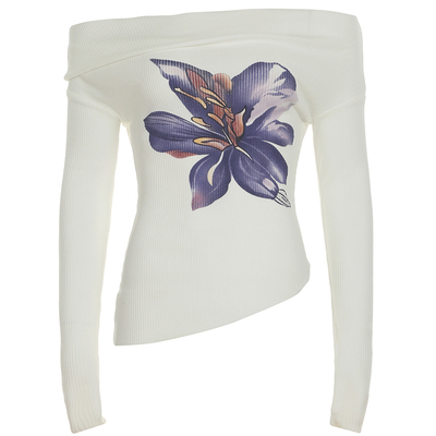 IAEY千禧辣妹一字肩紫色花卉印花长袖上衣早春翻领露肩针织衫上衣