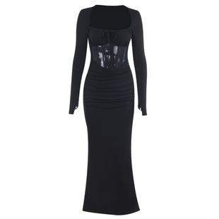 法式性感黑色网纱鱼骨拼接连衣裙秋冬款气质收腰显瘦礼服裙鱼尾裙