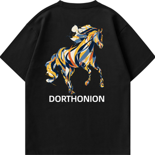 Dorthonion彩色马匹印花短袖T恤男女情侣宽松纯棉圆领潮牌上衣