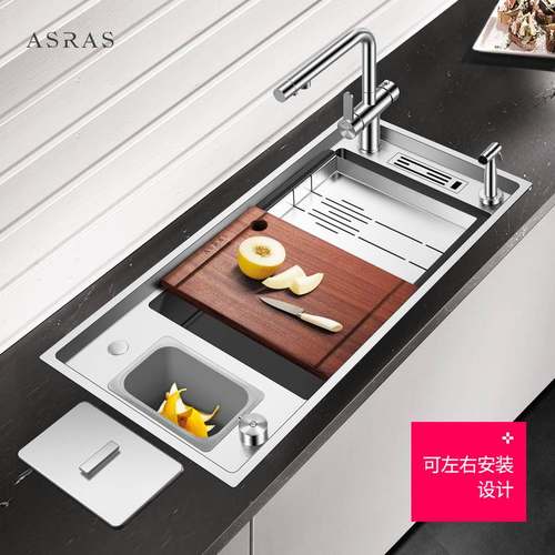 阿萨斯多功能手工水槽加厚不锈钢大单槽阶梯水槽高低水盆带垃圾桶