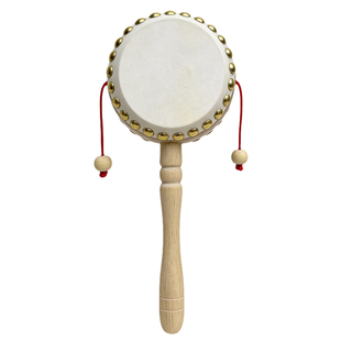 手工羊皮拨浪鼓和桃木哗啦棒纯铜黄铜铃铛老式木质玩具婴儿可啃咬