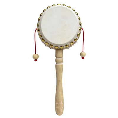 手工羊皮拨浪鼓和桃木哗啦棒纯铜黄铜铃铛老式木质玩具婴儿可啃咬