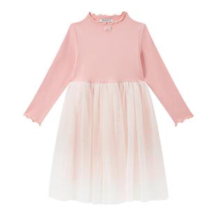 百丽童装女童中长款连衣裙2026春季新款长袖裙子儿童拼接网纱裙潮