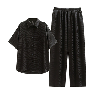 悦内睡衣女款夏季夏天冰丝绸短袖长裤家居服薄款黑色高级感斑马纹