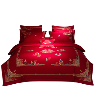 思辰家纺结婚四件套大红色纯棉百子图刺绣高档婚庆床上用品十件套