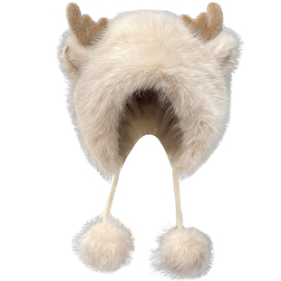 鹿角圣诞帽子女高级感加绒加厚毛茸茸包头雷锋帽秋冬季保暖套头帽