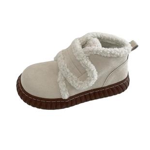 可爱圆头小狗羊羔毛保暖雪地靴女2025冬季新款魔术贴加绒勃肯棉鞋