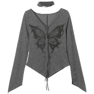 西町村屋美式废土蝴蝶小衫女春季新款气质长袖低领上衣XAAA10040