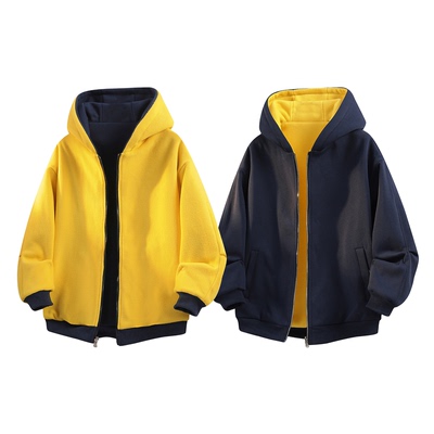 拉夏贝尔纯棉双面穿撞色连帽卫衣外套冬季男女新款拼接设计感开衫