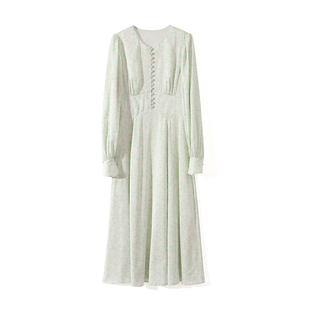 NANASTORE茶歇法式V领连衣裙春季雪纺印花长袖碎花裙小个子女早特