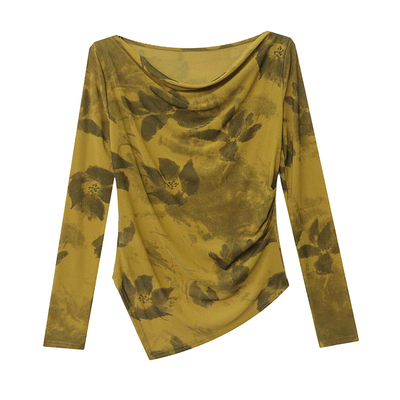 时尚堆堆荡领印花不规则网纱上衣