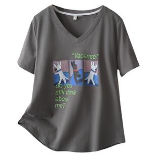 短袖大码胖mmt恤女夏季2024新款减龄显瘦弧形下摆v领卡通印花半袖
