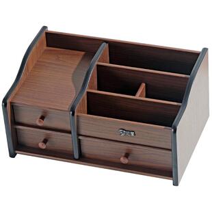 汇星文具 木质多功能口红化妆品收纳盒 大容量笔筒办公室桌面置物架遥控器整理盒 家用卧室抽屉式首饰储物盒