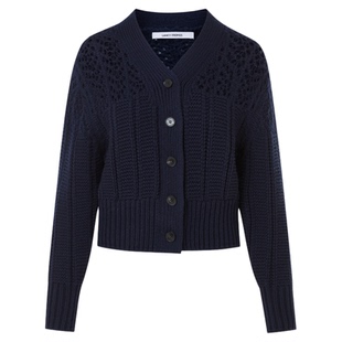 朗姿藏蓝高级感设计感针织外套开衫镂空外搭简约2026年春季新款