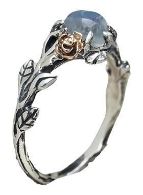 月光石14K金玫瑰花朵纯银戒指