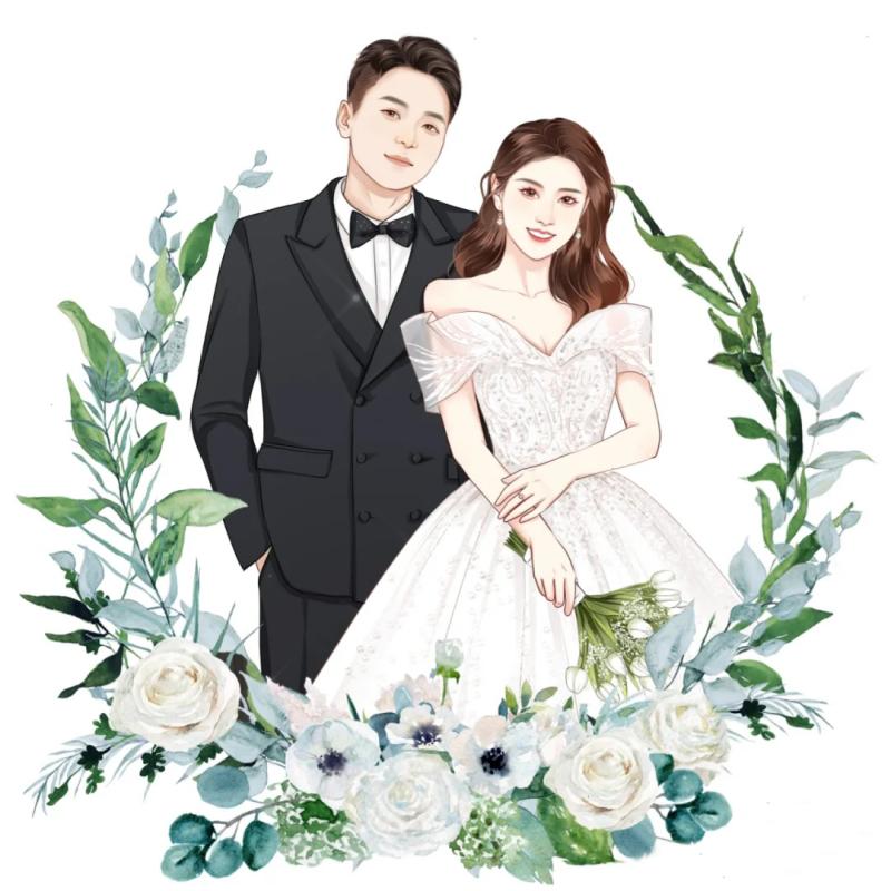 写实手绘婚礼请柬插画设计手绘婚纱照写实漫画结婚人物形象定制作